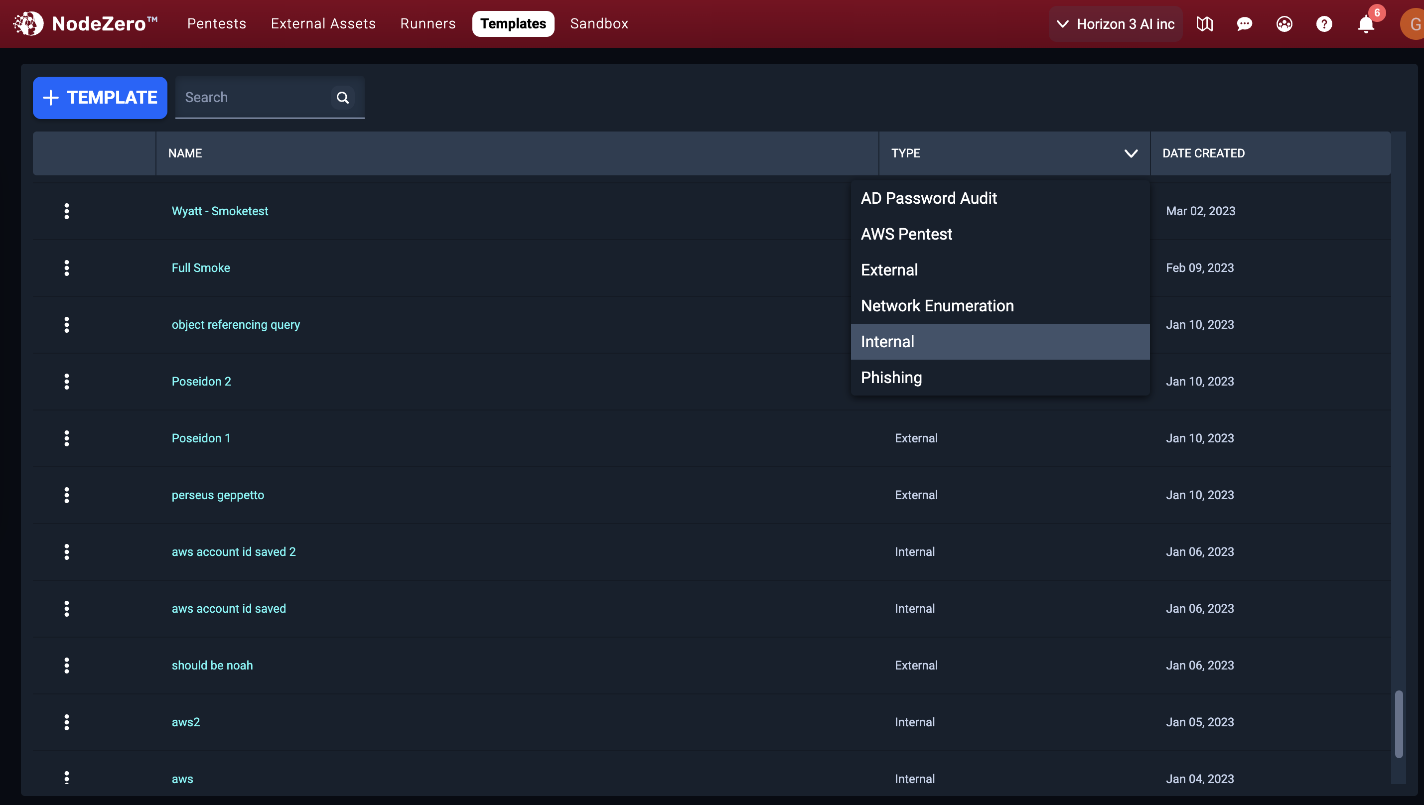 The filter list includes AD Password Audit, AWS Pentest, External, Network Enumeration etc.