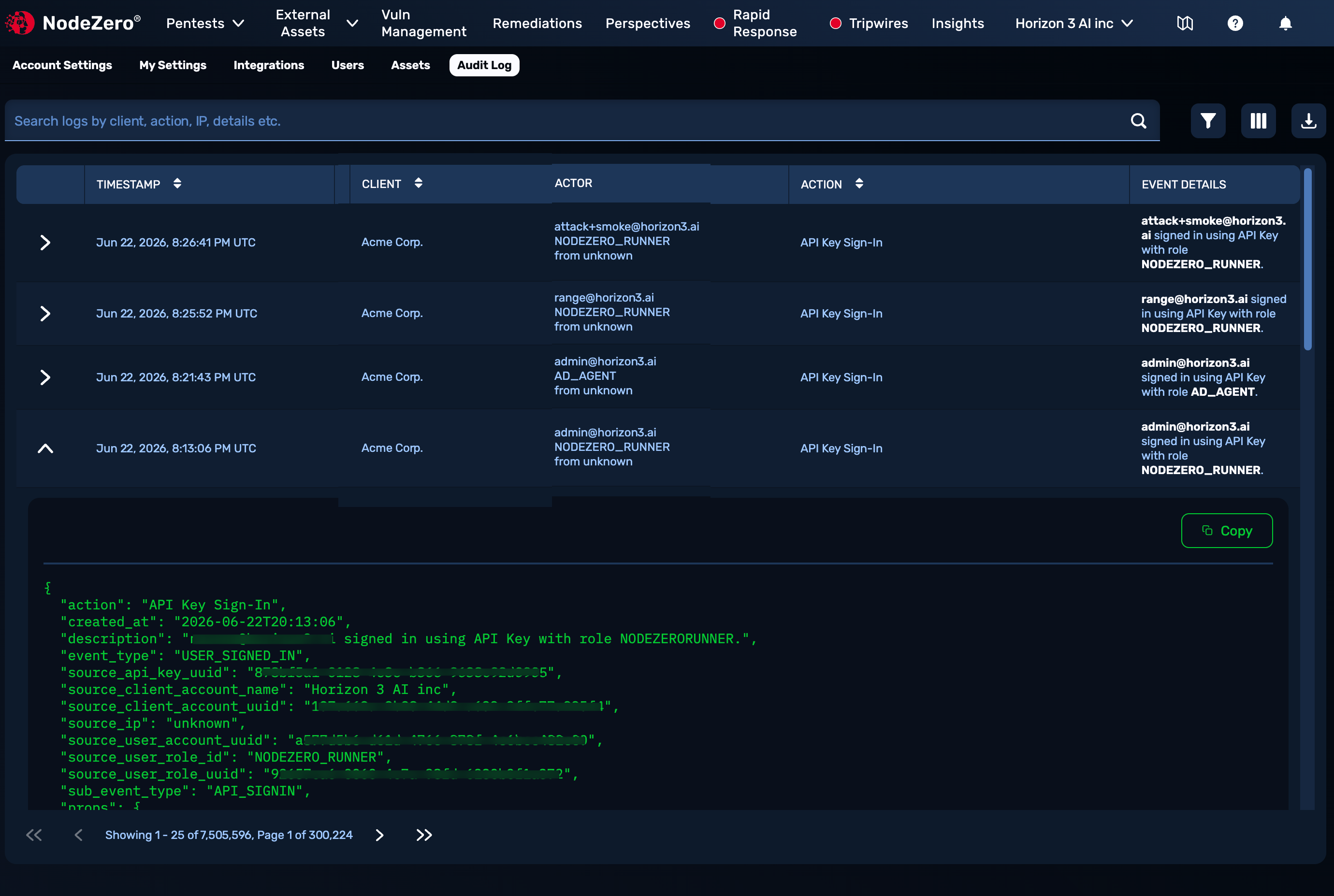 Audit Log page at User Profile > Settings, showing upper "Audit Log" tab highlighted, a table of four log events, and one event accordion opened to show JSON details and a "Copy" button).