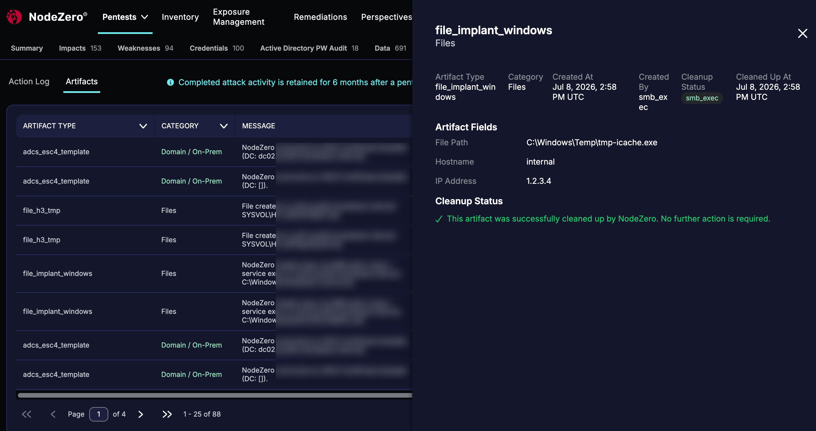 Artifacts Details drawer confirming a file cleaned up, with (redacted) File Path, Hostname, and IP Address specifics