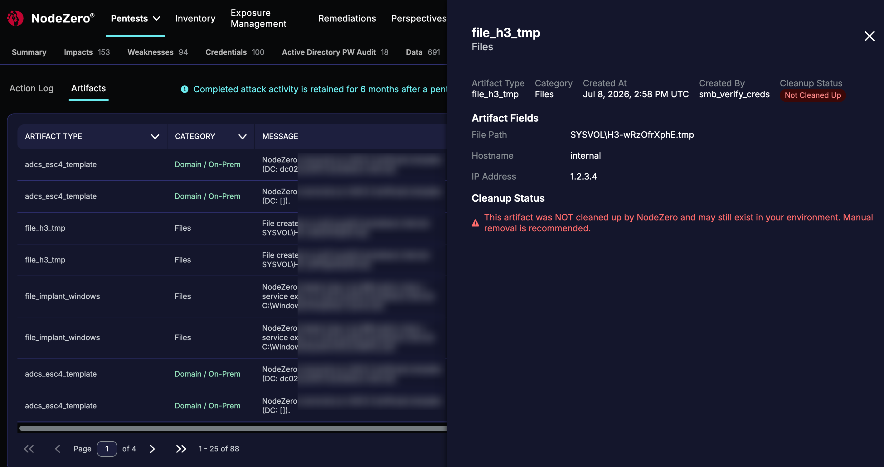 Artifacts Details drawer indicating a file to remove, with (redacted) File Path, Hostname, and IP Address specifics