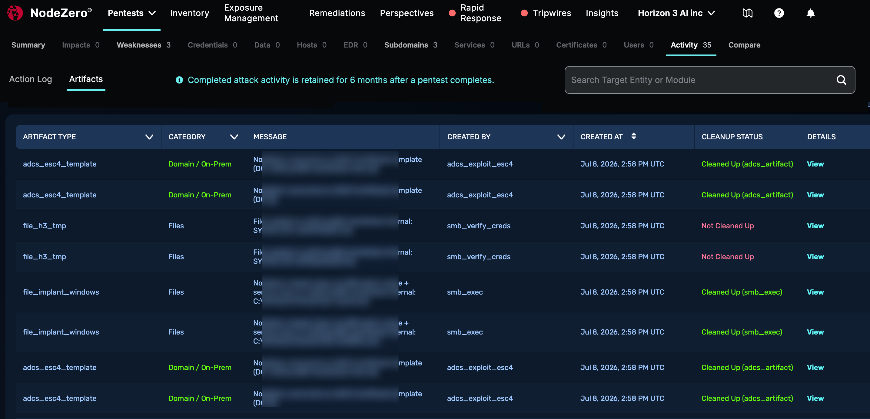 Activity page's Artifacts tab, to the right of the Action Log tab, with a table whose various rows display either a red "Not Cleaned Up" or green "Cleaned Up" indicator