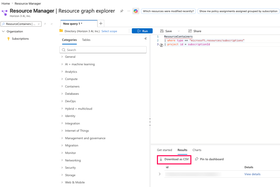 Azure Resource Graph Explorer showing the subscription query and a highlighted Download as CSV button.