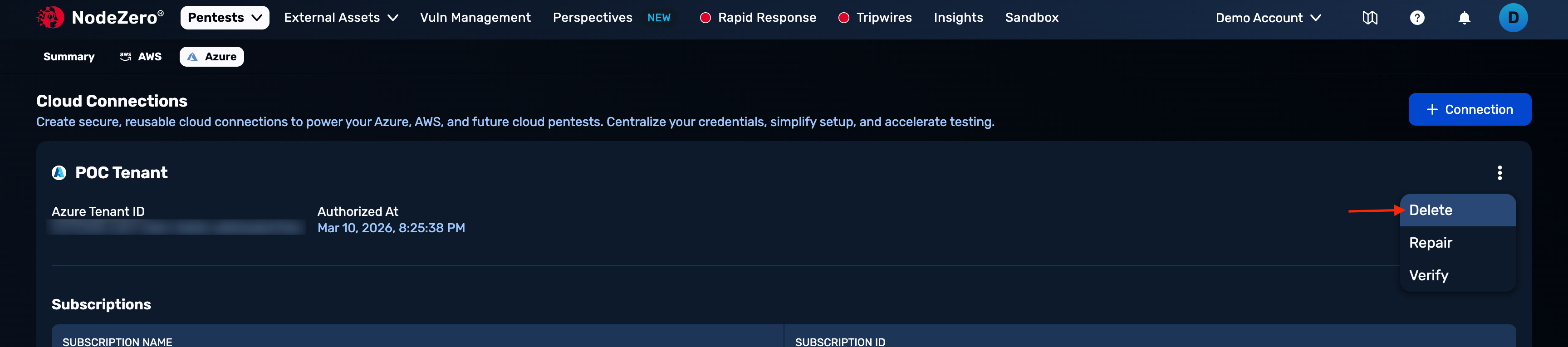 The Actions button opens the menu that includes the Delete action.