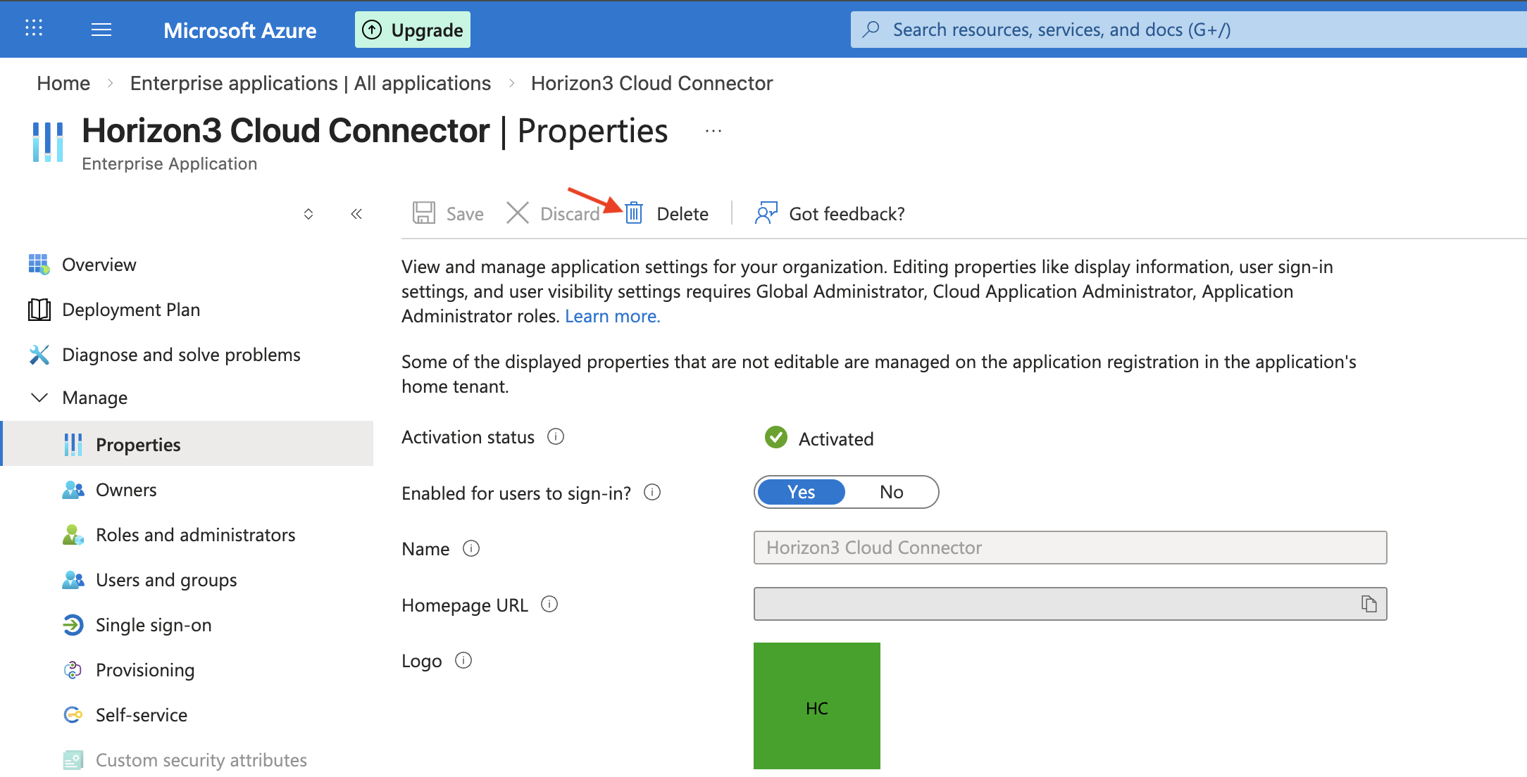 Enterprise App Properties page and Delete button location.