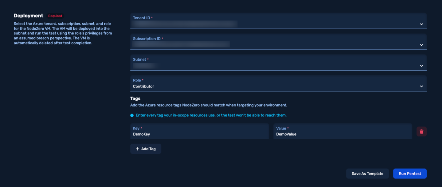 The Deployment section of the Azure Cloud Pentest config form, showing Tenant ID, Subscription ID, Subnet, Role, and Tags fields.