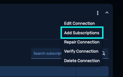Actions menu open with Add Subscriptions highlighted.