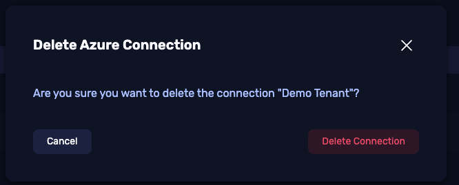 Delete Azure Connection confirmation dialog asking to confirm deletion of Demo Tenant, with a red Delete Connection button.