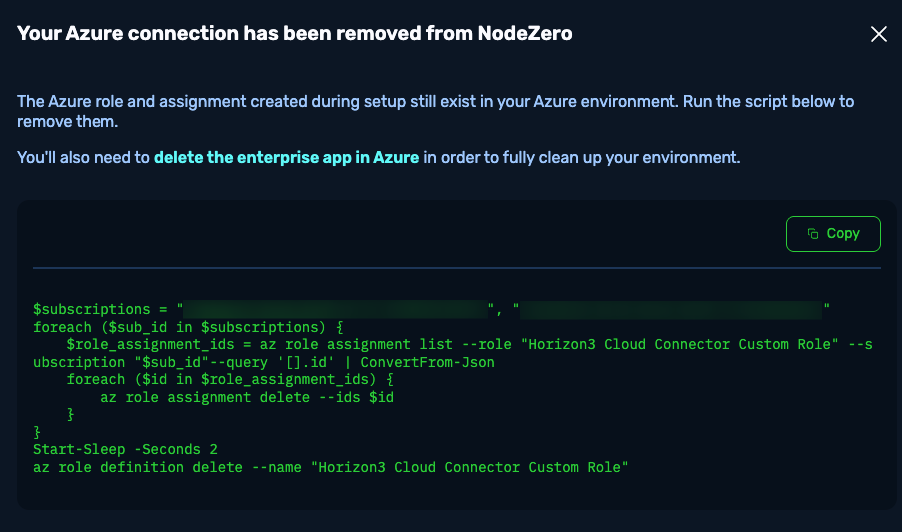 Post-deletion screen showing a PowerShell cleanup script and a note to delete the enterprise app in Azure.