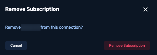 Remove Subscription confirmation dialog with a Cancel button and a red Remove Subscription button.