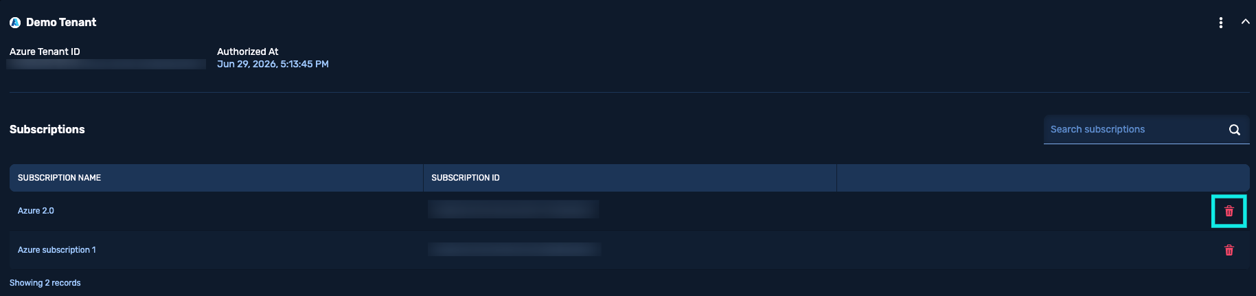 Subscriptions table with the delete icon highlighted on the Azure 2.0 row.