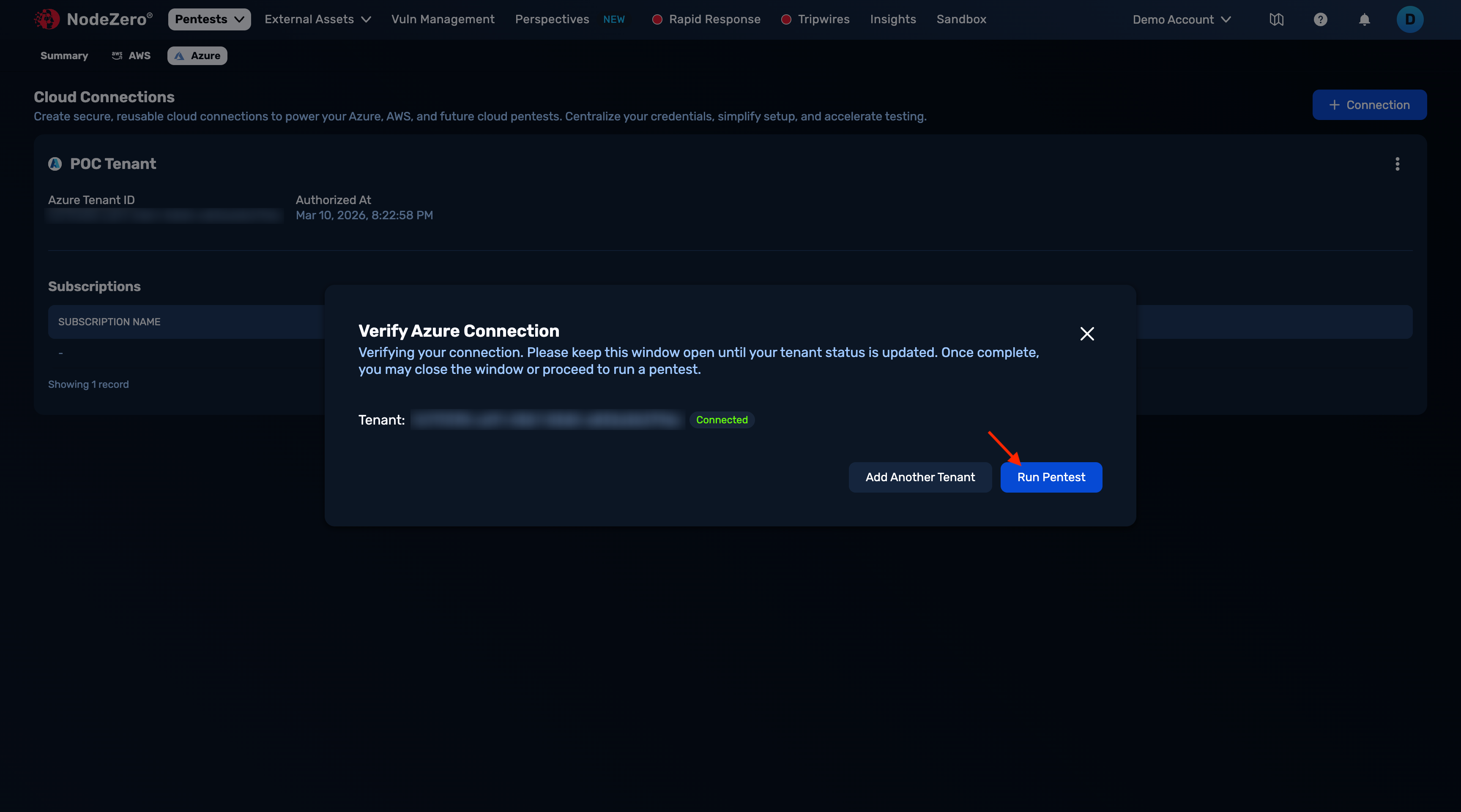 The Run Pentest button appears once the connection is verified when creating an Azure connection.