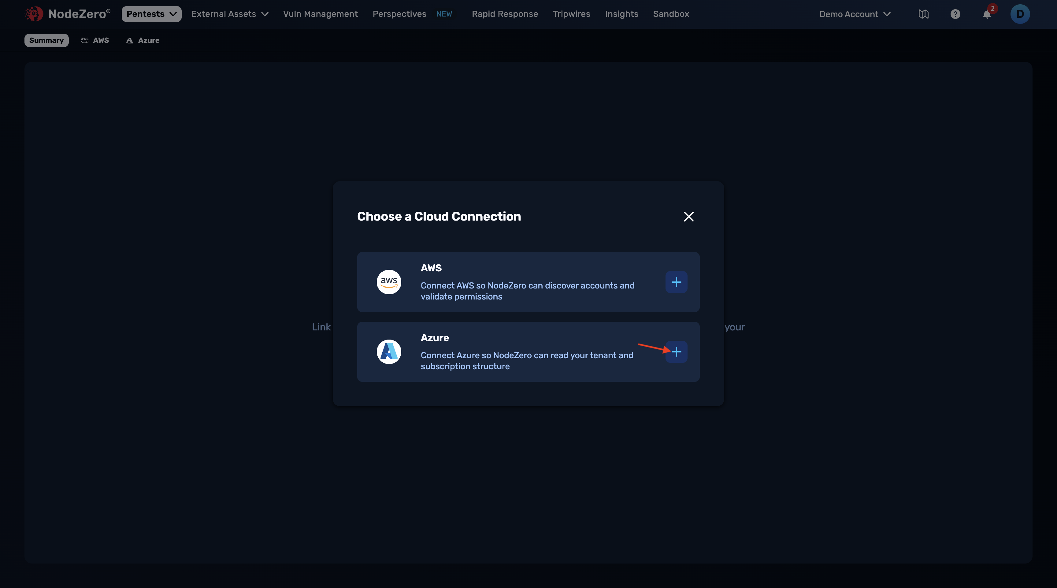 The Add Connection Button is in the page header. When in the Choose Cloud Connection modal, click the "Add Azure" button.
