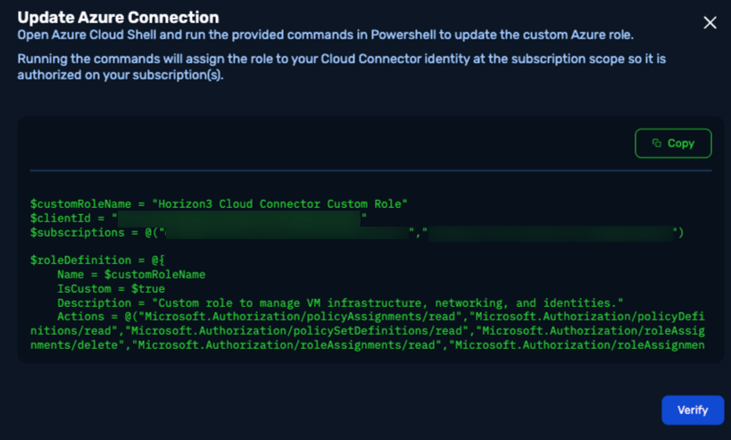 Update Azure Connection modal showing the PowerShell script to run in Cloud Shell, with a Copy button and a Verify button.