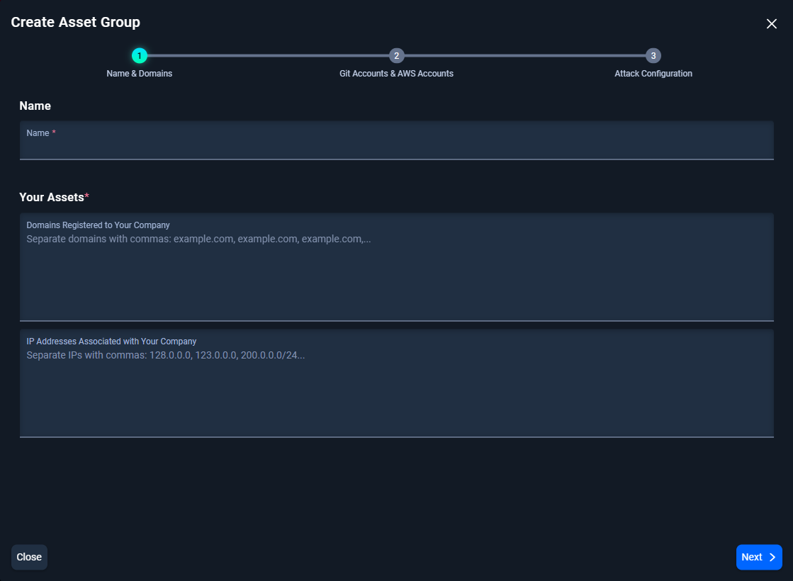 Create Asset Group form (1st step): Name And Assets fields.