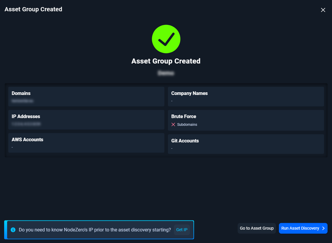 Asset Group Created pop-up - Configuration details and buttons for further actions
