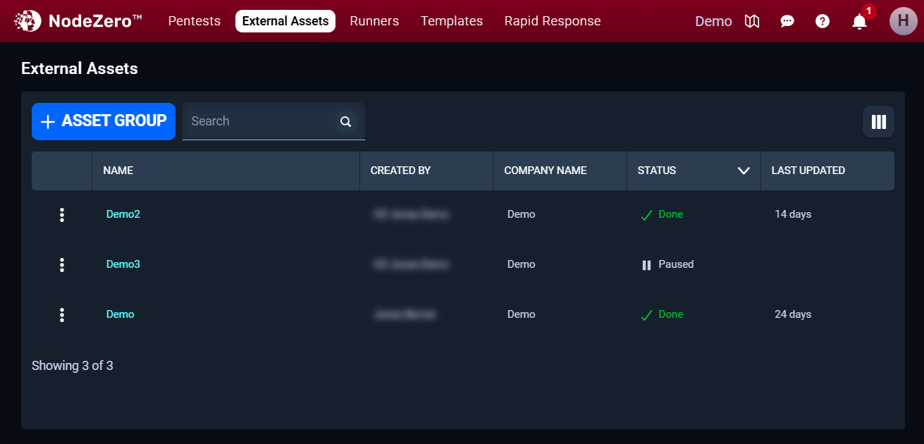 External Assets page - Assets group table has a status column.