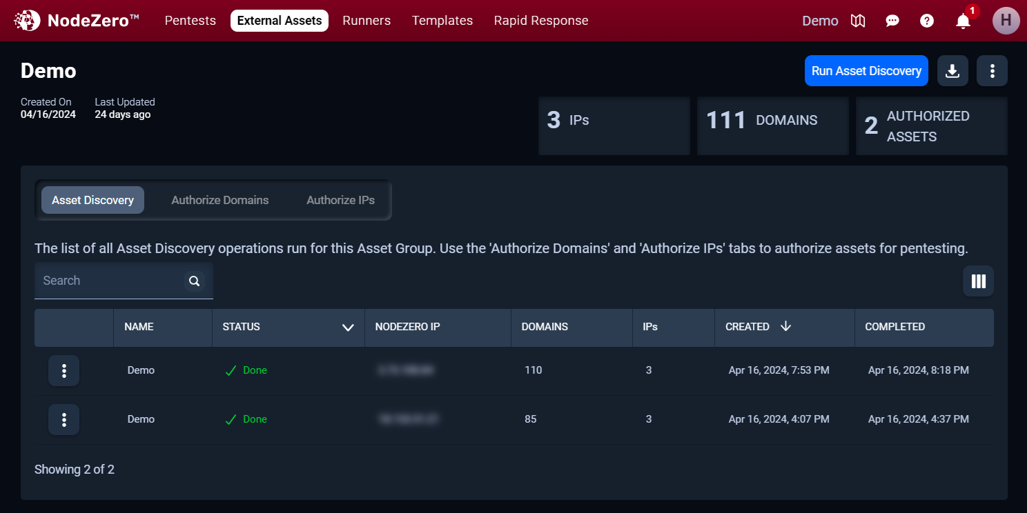 The asset discovery detail view has a table with name, status, nodezero IP, domains and IPs info.