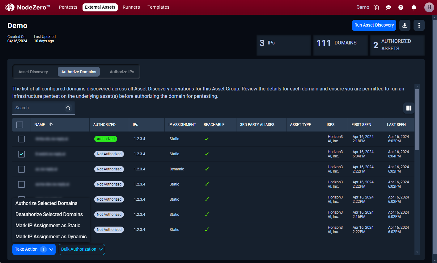 The authorize domains detail view has a table with checkboxes next to each domain for user action.