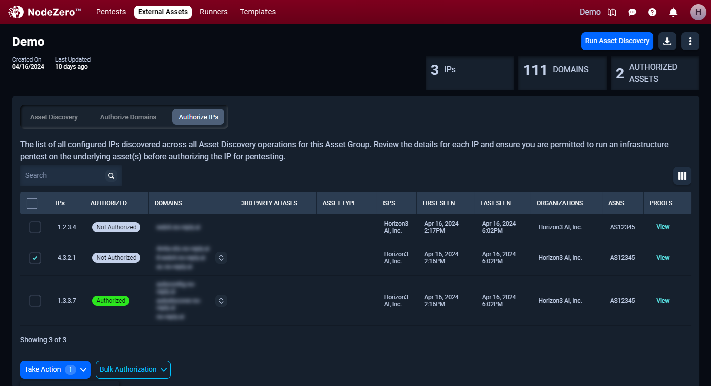 The authorize IPs detail view has a table with checkboxes next to each IP  address for user action.