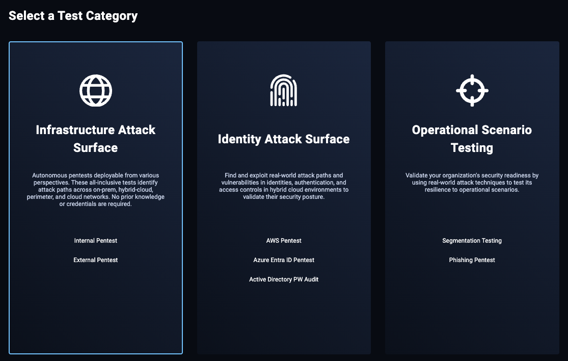Select a Test Category screen - Infrastructure Attack Surface link.