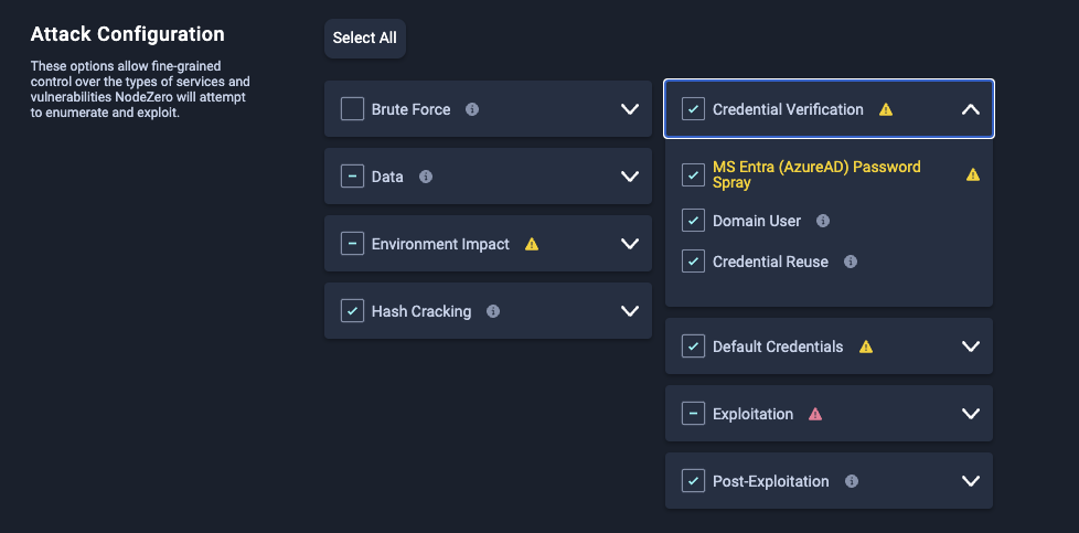 Attack section: expandable categories with checkbox options.