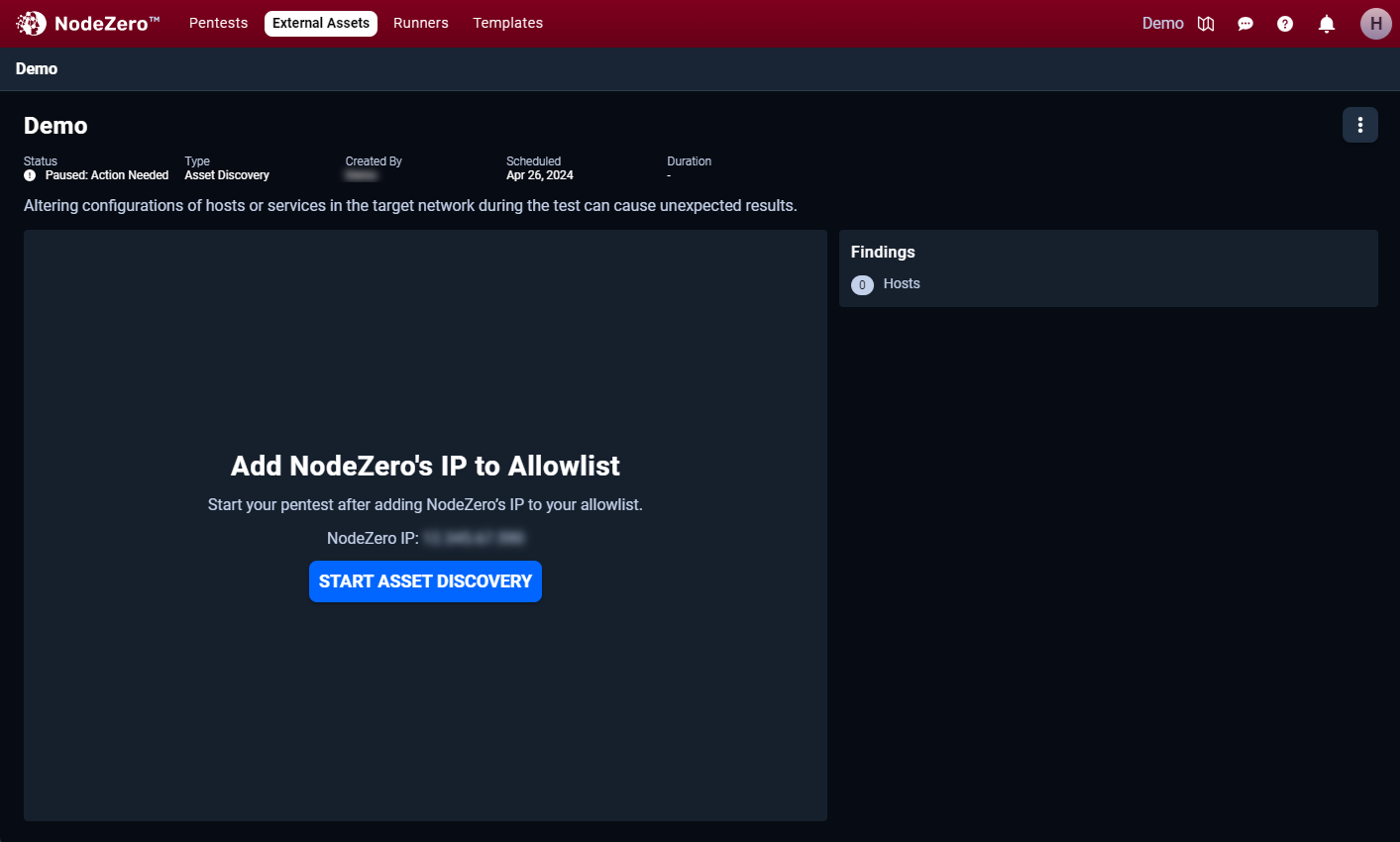 Asset detail status - Add NodeZero IP and Start Asset Discovery button.
