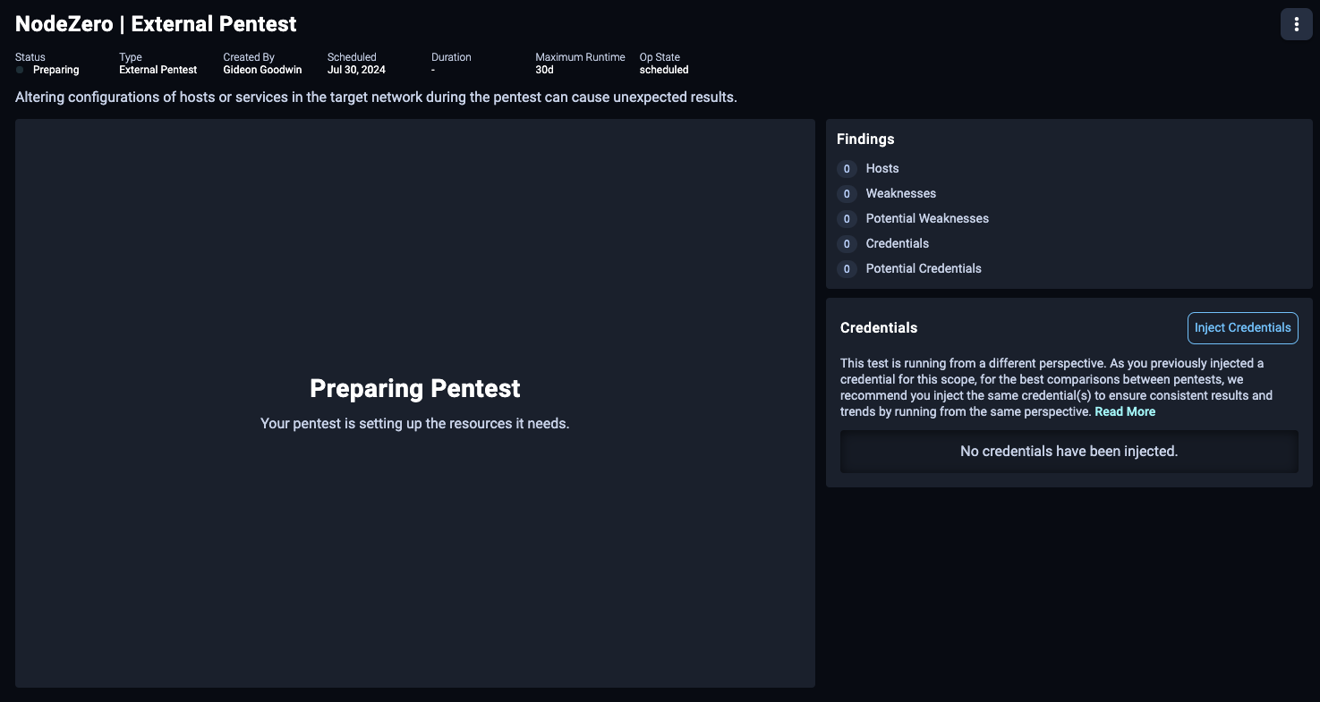 Asset detail status - Preparing Pentest with Findings and Credentials sections to the right.