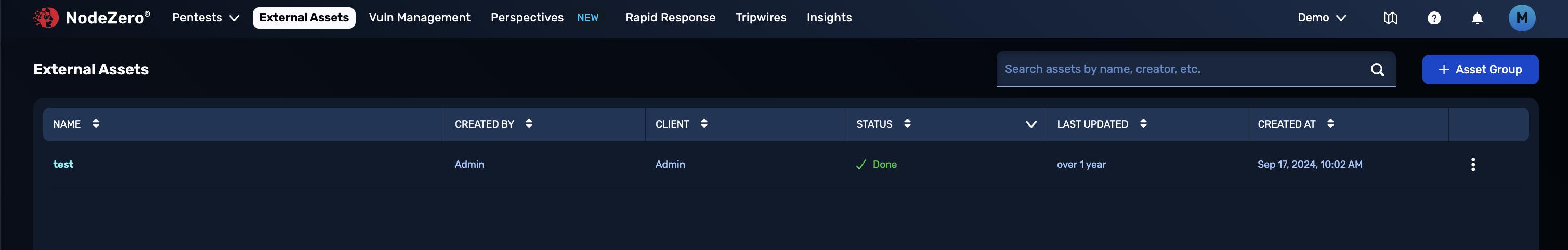 External Assets page - Assets group table has a status column.