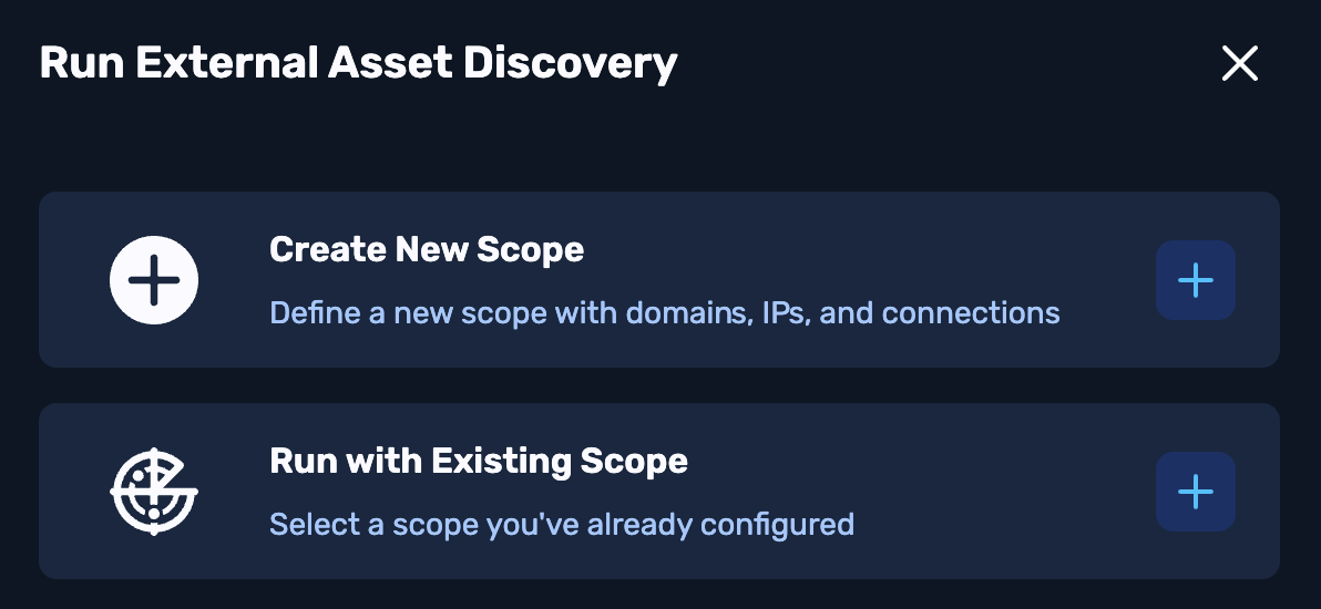 The Run External Asset Discovery modal provides "Create New Scope" and "Run with Existing Scope" buttons.
