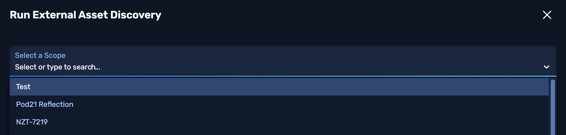 Run External Asset Discovery modal with "Select a Scope" drop-down open to show two existing Scopes.