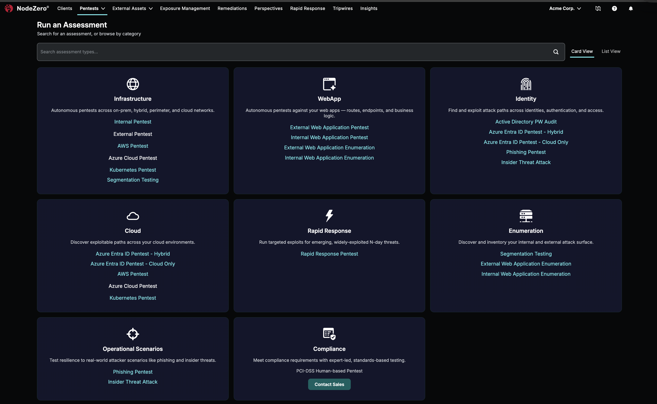 Run a Pentest UI landing page, with WebApp tile centered on the top row of three tiles. It provides four links to run Internal and External Enumeration Tests and (attack) Pentests.