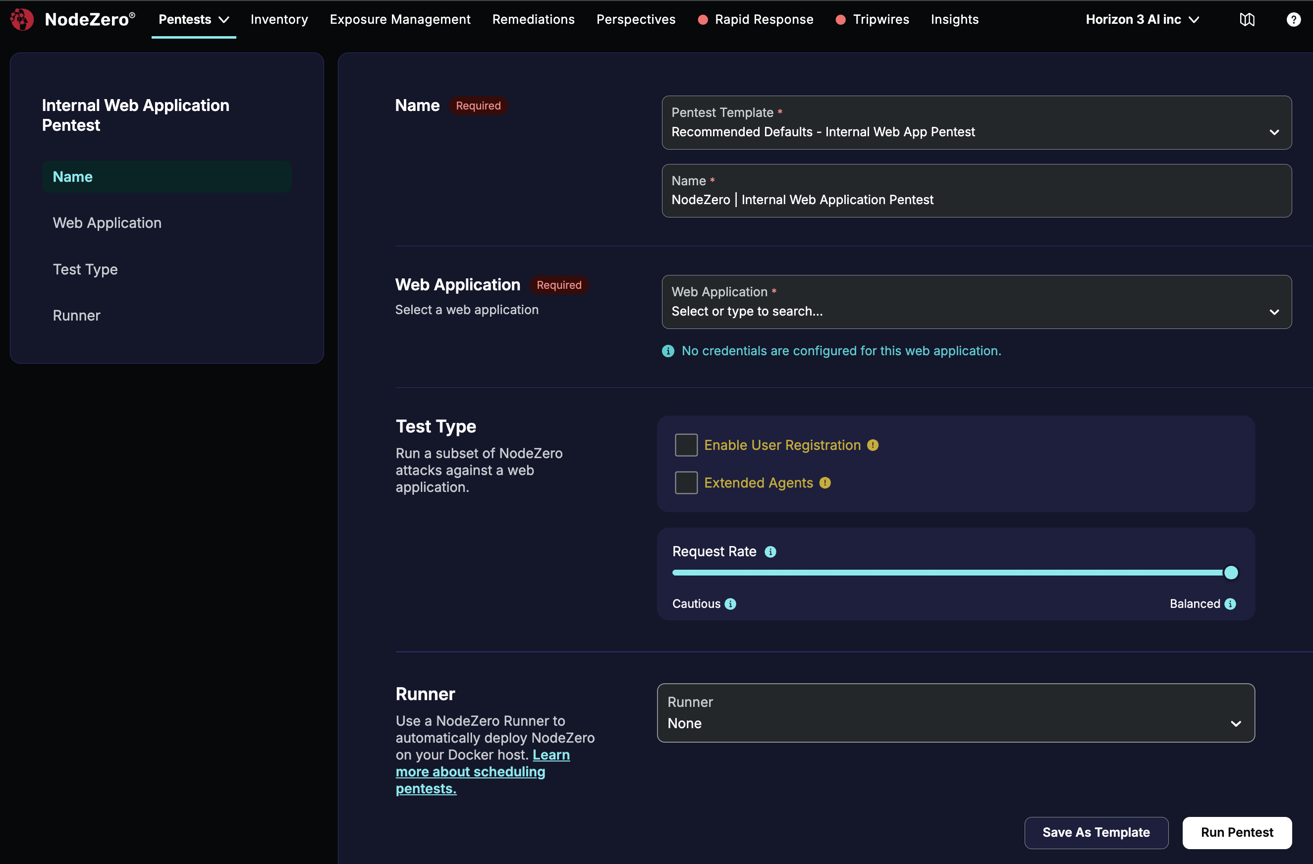 Internal Web Application Pentest configuration page, with conrols for Pentest Template, Name, Web Application, Test Type, Enable User Registration, Intensity, Runner, Save as Template, and Run Pentest