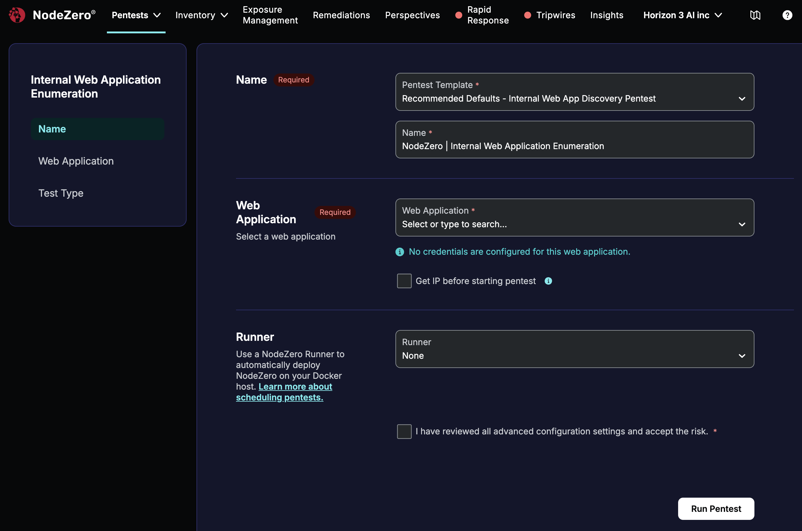 Internal Web Application Enumeration configuration page, with conrols for Pentest Template, Name, Web Application, Runner, and Run Pentest