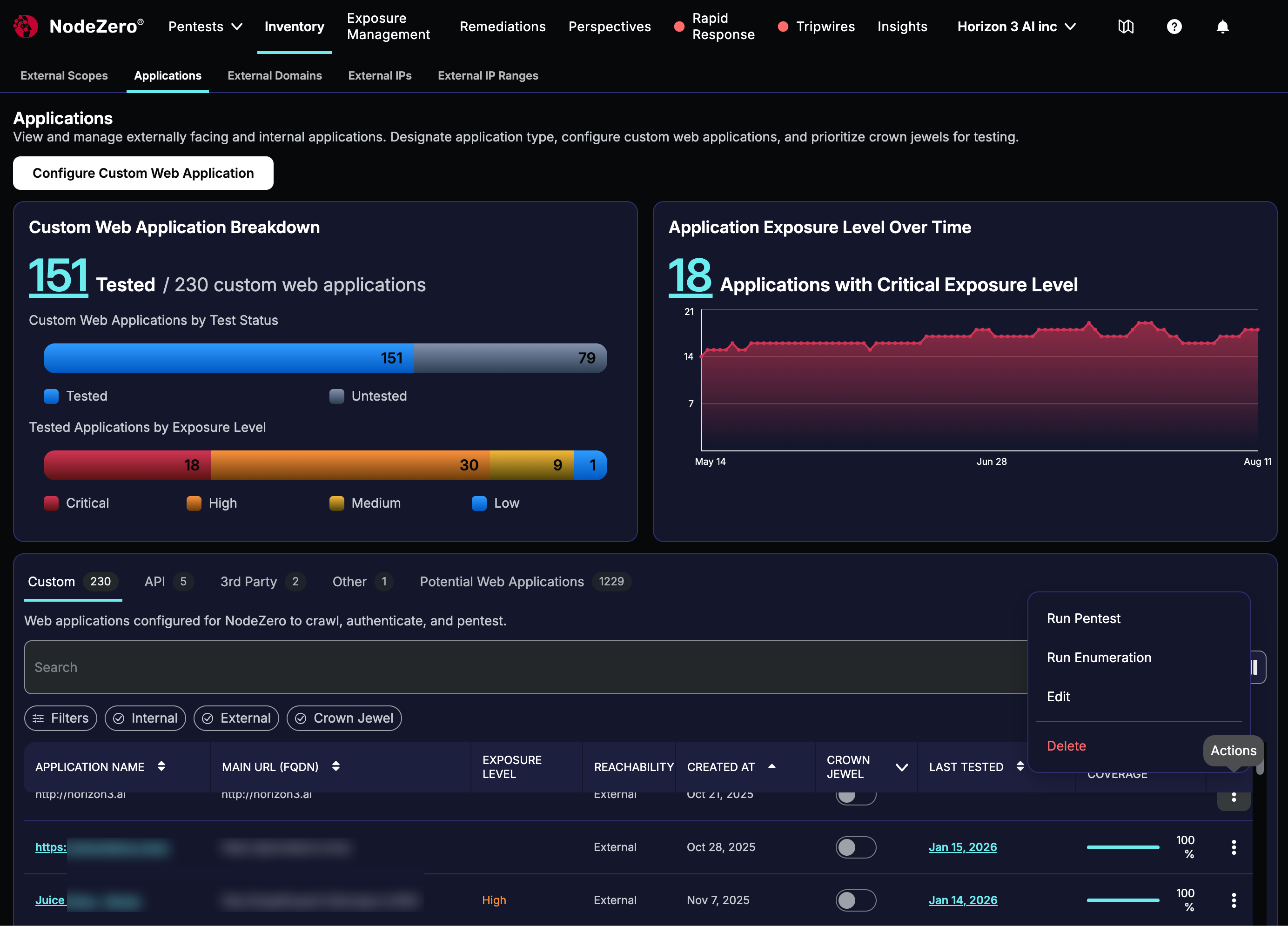 Inventory page with Applications upper tab and Custom lower tab focused. In the lower table of Custom applications, the Actions menu is opened to show Run Pentest, Run Enumberation, Edit, and Delete options.